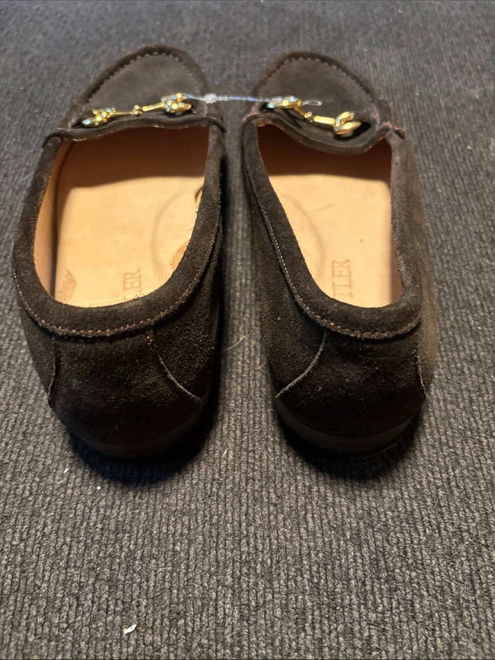 Anne Klein Dark Brown Suede Loafers with Gold Hardware